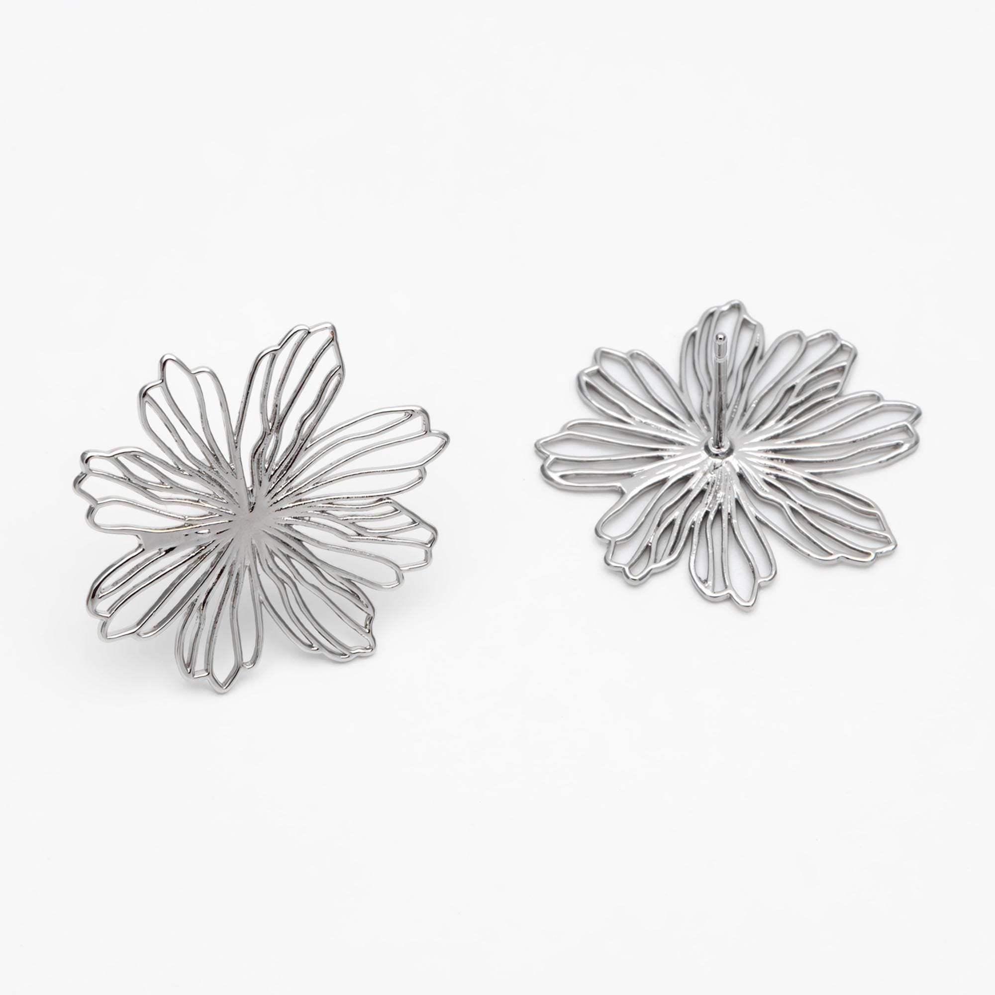 4pcs Gold/ Silver Hollow Flower Post Earrings 22x23mm, Gold/ Rhodium plated Brass Floral Stud Earring (#GB-4000)